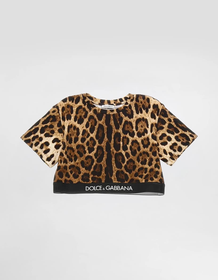 Dolce & Gabbana Kids Leopard-Print Cropped T-Shirt with Logo Jacquard Tape
